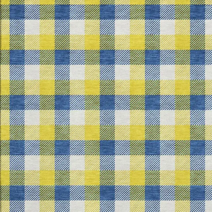Yellow Navy Blue And Ivory Plaid Washable Area Rug With UV Protection Photo 2
