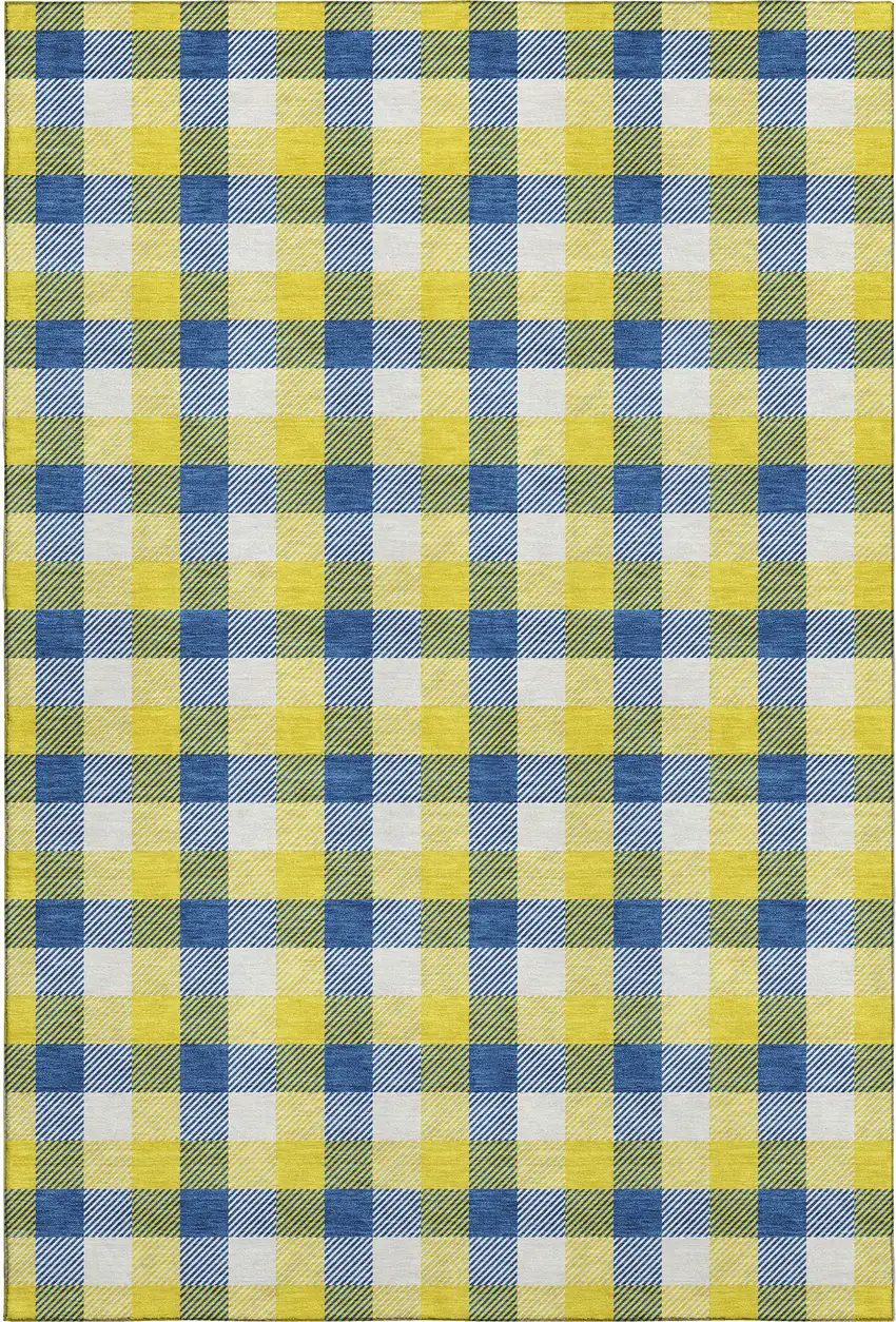 Yellow Navy Blue And Ivory Plaid Washable Area Rug With UV Protection Photo 1