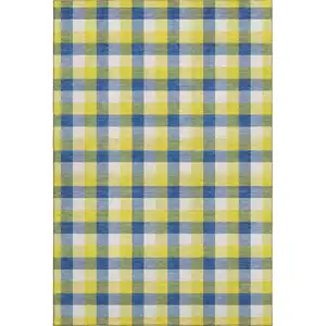 Photo of Yellow Navy Blue And Ivory Plaid Washable Area Rug With UV Protection