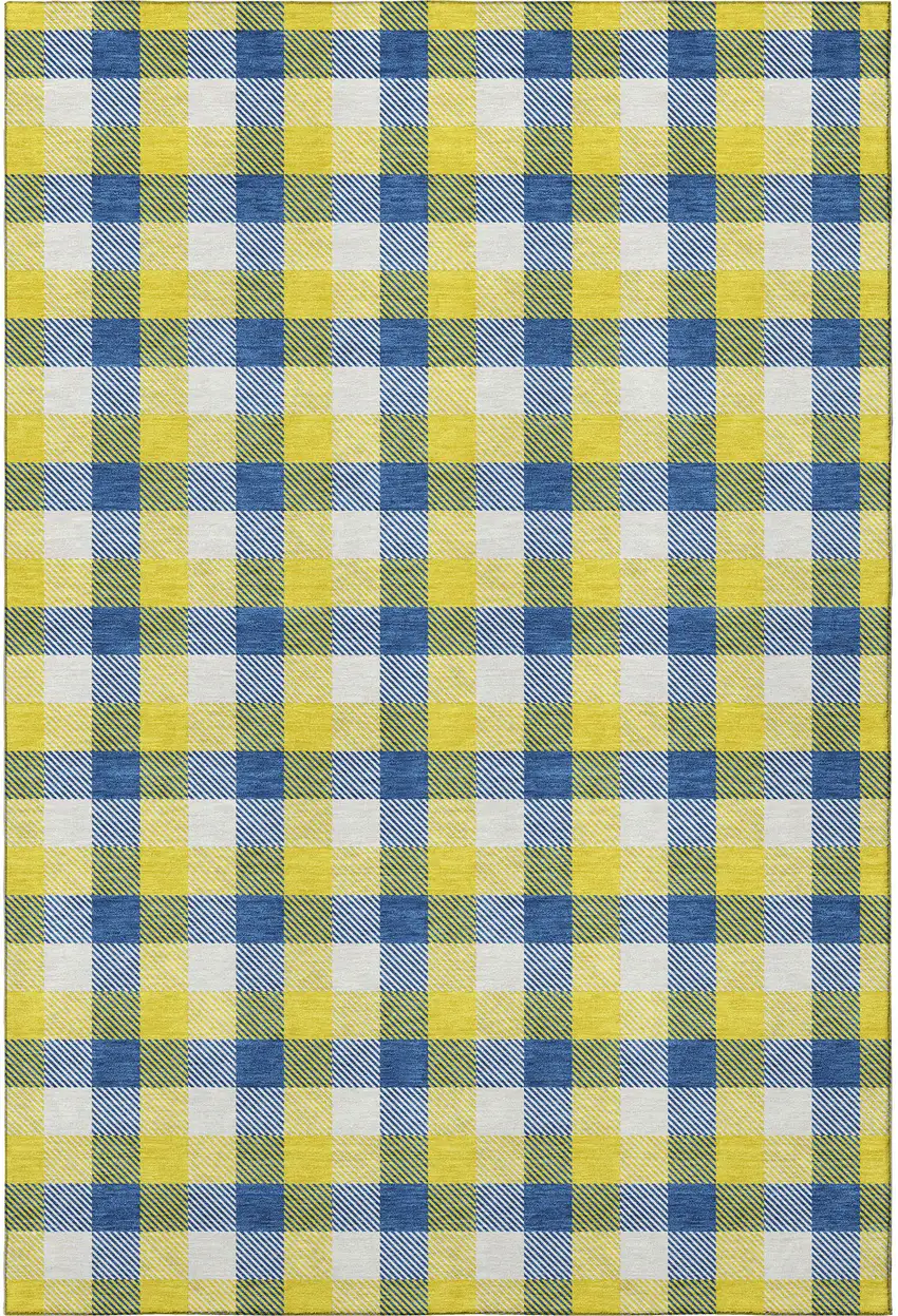 Yellow Navy Blue And Ivory Plaid Washable Area Rug With UV Protection Photo 3