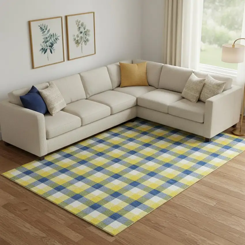 Yellow Navy Blue And Ivory Plaid Washable Area Rug With UV Protection Photo 1