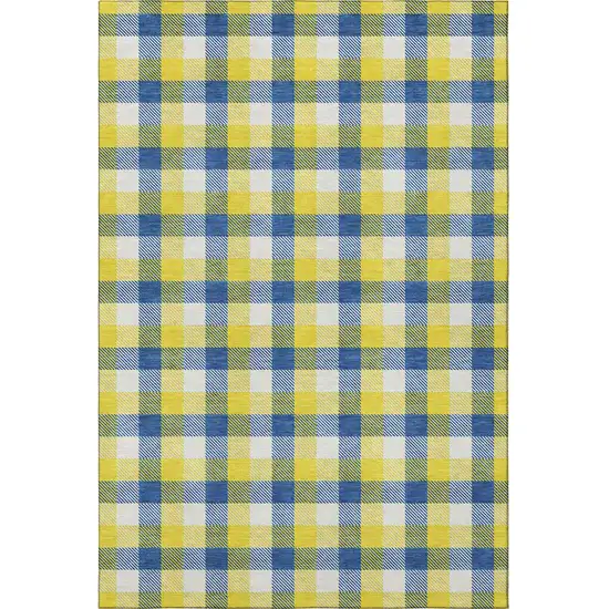Yellow Navy Blue And Ivory Plaid Washable Area Rug With UV Protection Photo 3