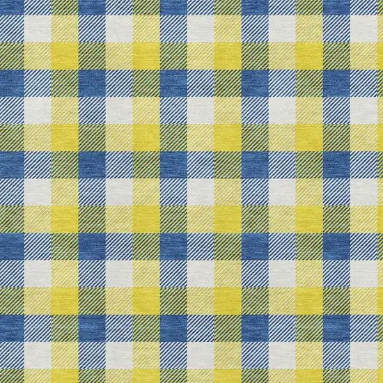Yellow Navy Blue And Ivory Plaid Washable Area Rug With UV Protection Photo 2