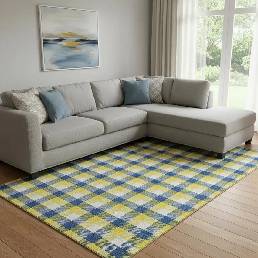 Yellow Navy Blue And Ivory Plaid Washable Area Rug With UV Protection Photo 2
