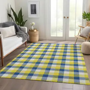 Photo of Yellow Navy Blue And Ivory Plaid Washable Area Rug With UV Protection