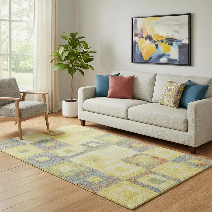 Yellow Orange Purple And Ivory Geometric Washable Area Rug With UV Protection Photo 2