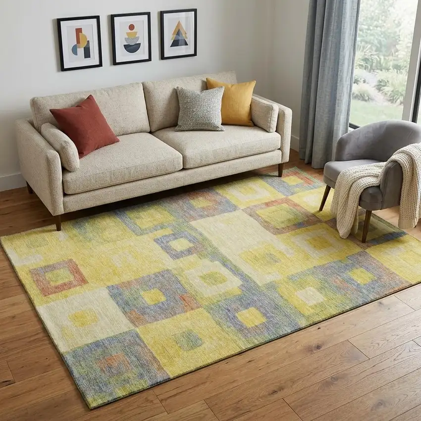 Yellow Orange Purple And Ivory Geometric Washable Area Rug With UV Protection Photo 1