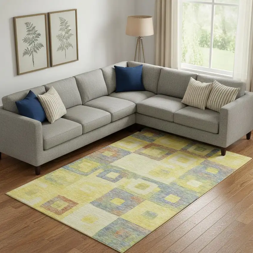 Yellow Orange Purple And Ivory Geometric Washable Area Rug With UV Protection Photo 2