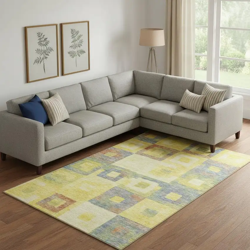 Yellow Orange Purple And Ivory Geometric Washable Area Rug With UV Protection Photo 2