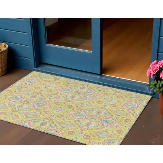 Yellow Pink And Orange Ogee Washable Indoor Outdoor Area Rug Photo 2