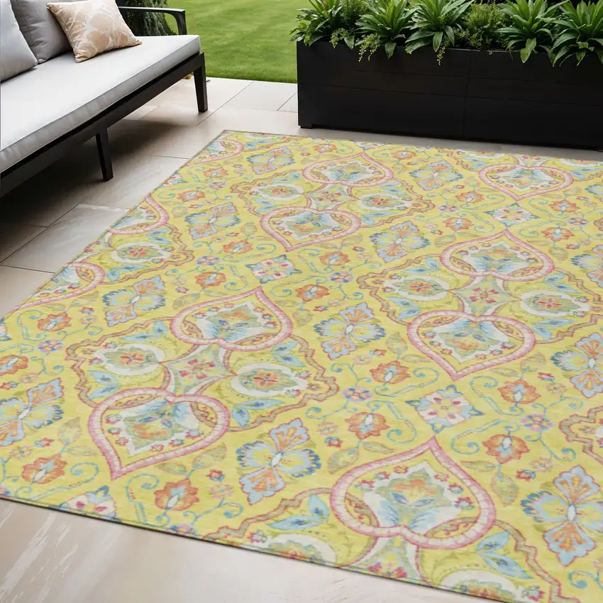 Yellow Pink And Orange Ogee Washable Indoor Outdoor Area Rug Photo 2