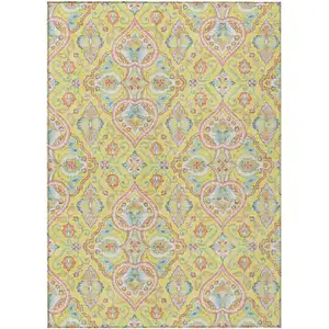 Photo of Yellow Pink And Orange Ogee Washable Indoor Outdoor Area Rug