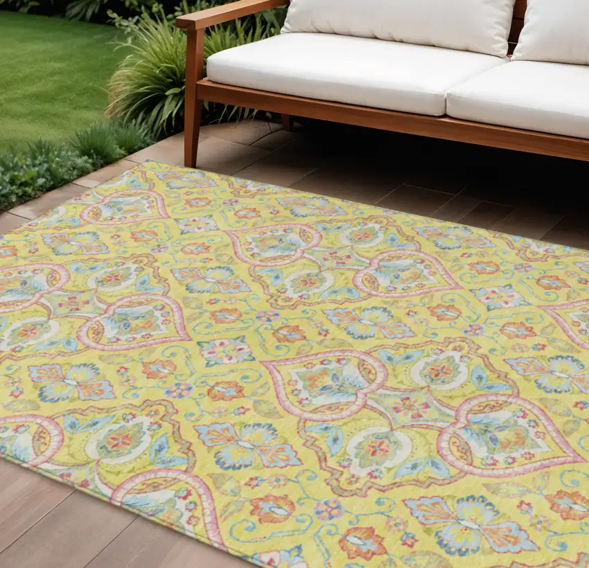 Yellow Pink And Orange Ogee Washable Indoor Outdoor Area Rug Photo 2