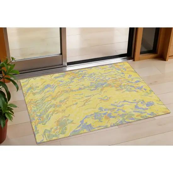 Yellow Purple And Green Abstract Washable Indoor Outdoor Area Rug Photo 1