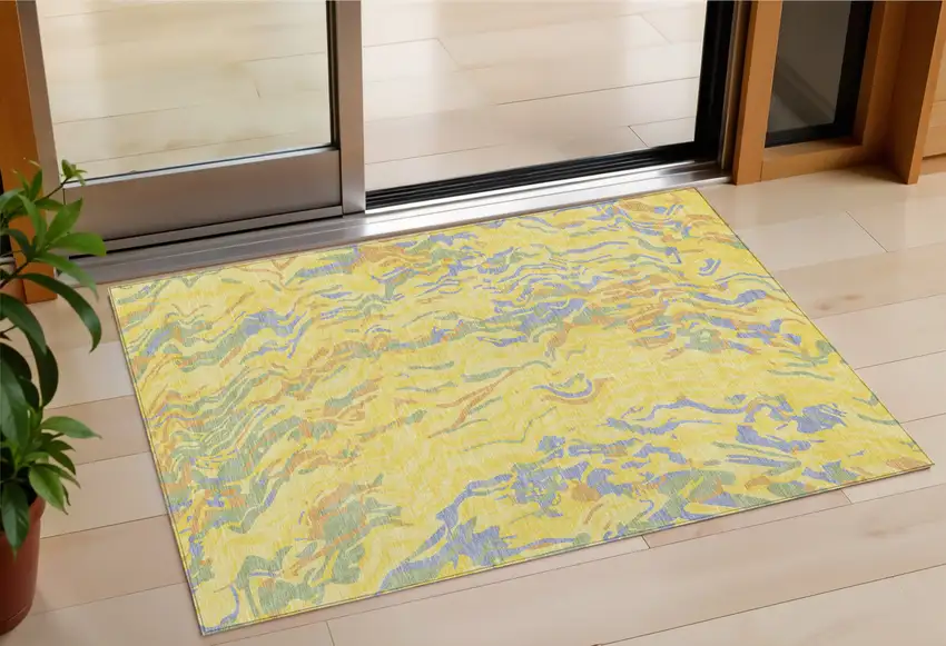 Yellow Purple And Green Abstract Washable Indoor Outdoor Area Rug Photo 1