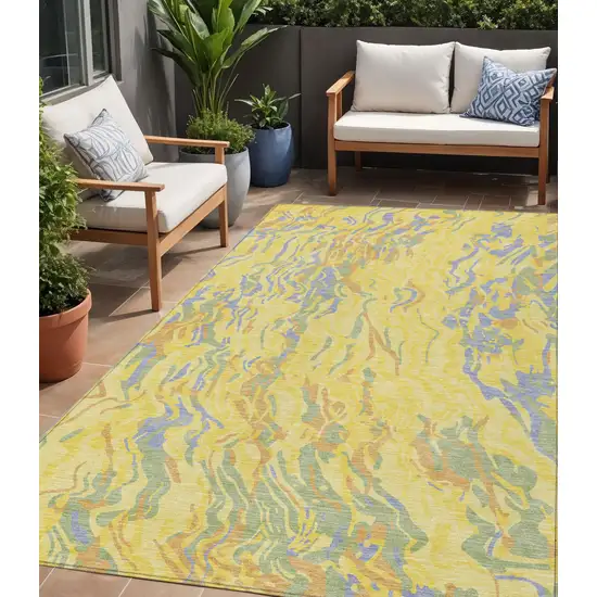 Yellow Purple And Green Abstract Washable Indoor Outdoor Area Rug Photo 1