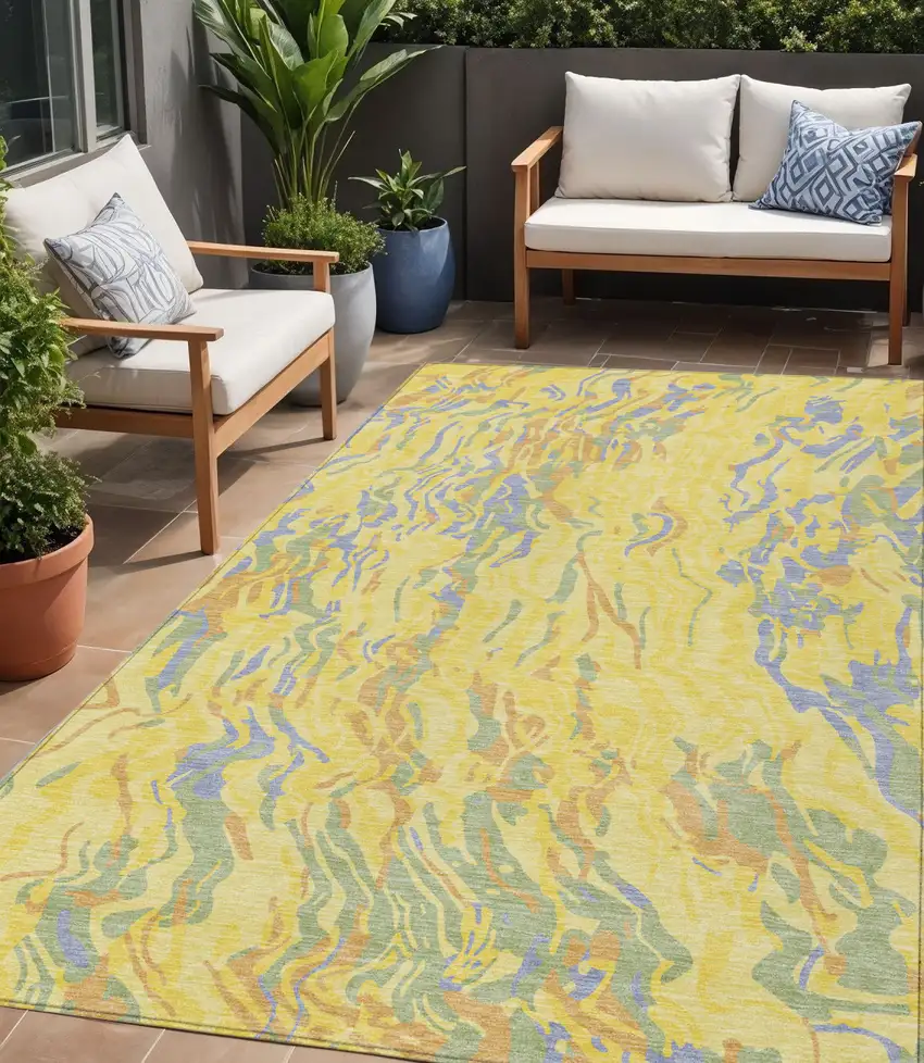 Yellow Purple And Green Abstract Washable Indoor Outdoor Area Rug Photo 1