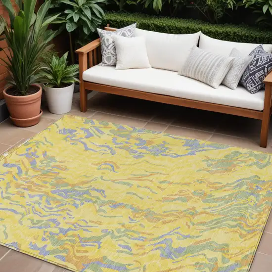 Yellow Purple And Green Abstract Washable Indoor Outdoor Area Rug Photo 1