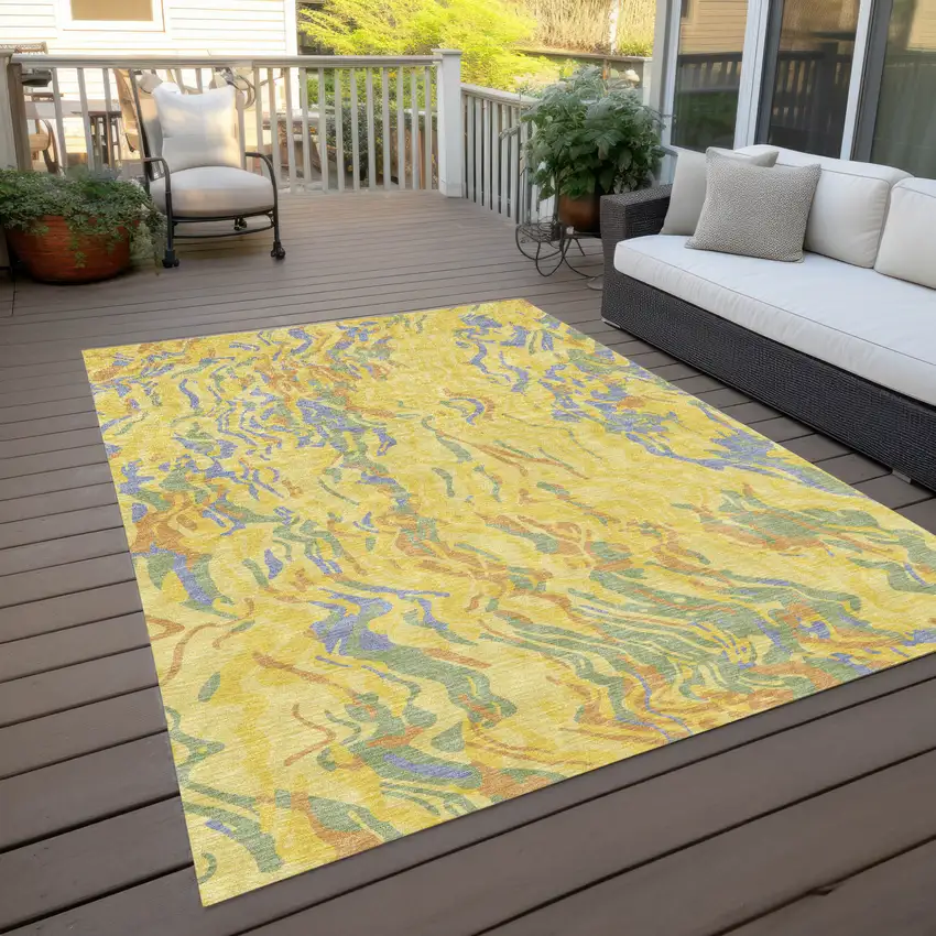 Yellow Purple And Green Abstract Washable Indoor Outdoor Area Rug Photo 9