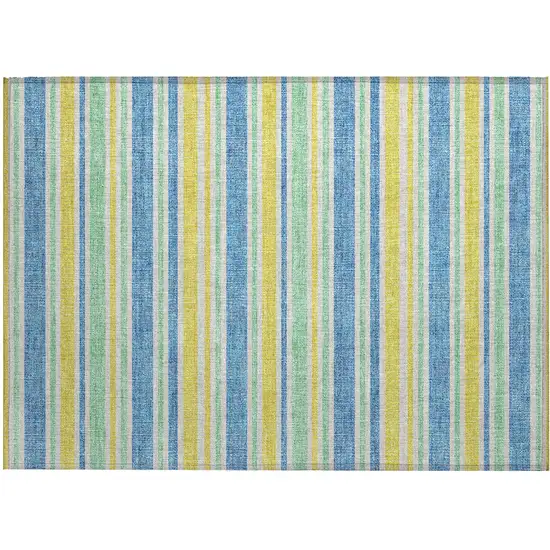 Blue Yellow and Green Striped Washable Non Skid Indoor Outdoor Area Rug Photo 2