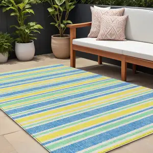 Photo of Yellow Striped Washable Non Skid Indoor Outdoor Area Rug