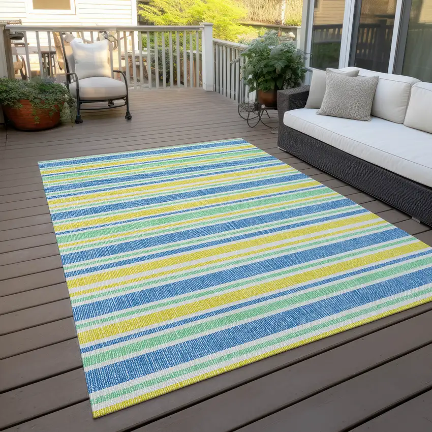 Blue Yellow and Green Striped Washable Non Skid Indoor Outdoor Area Rug Photo 9