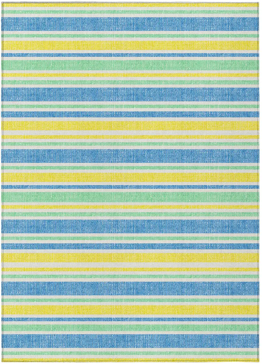 Blue Yellow and Green Striped Washable Non Skid Indoor Outdoor Area Rug Photo 2