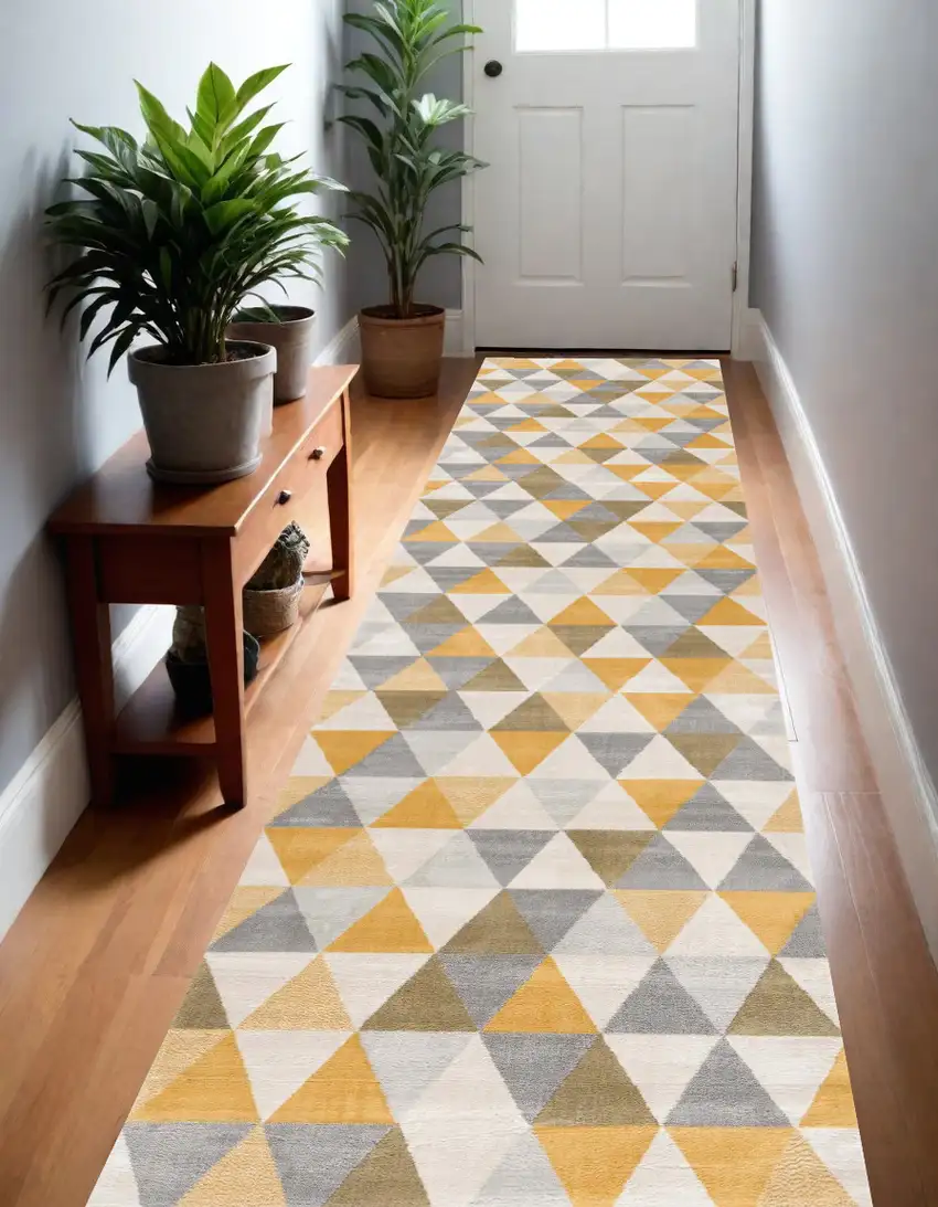 10' Yellow Geometric Dhurrie Runner Rug Photo 1