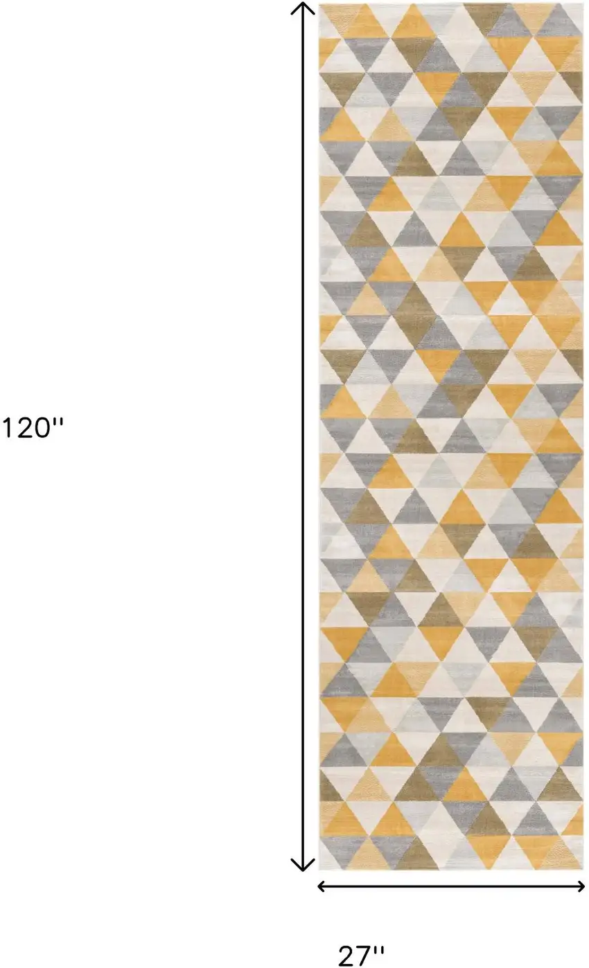 10' Yellow And Ivory Geometric Runner Rug Photo 7