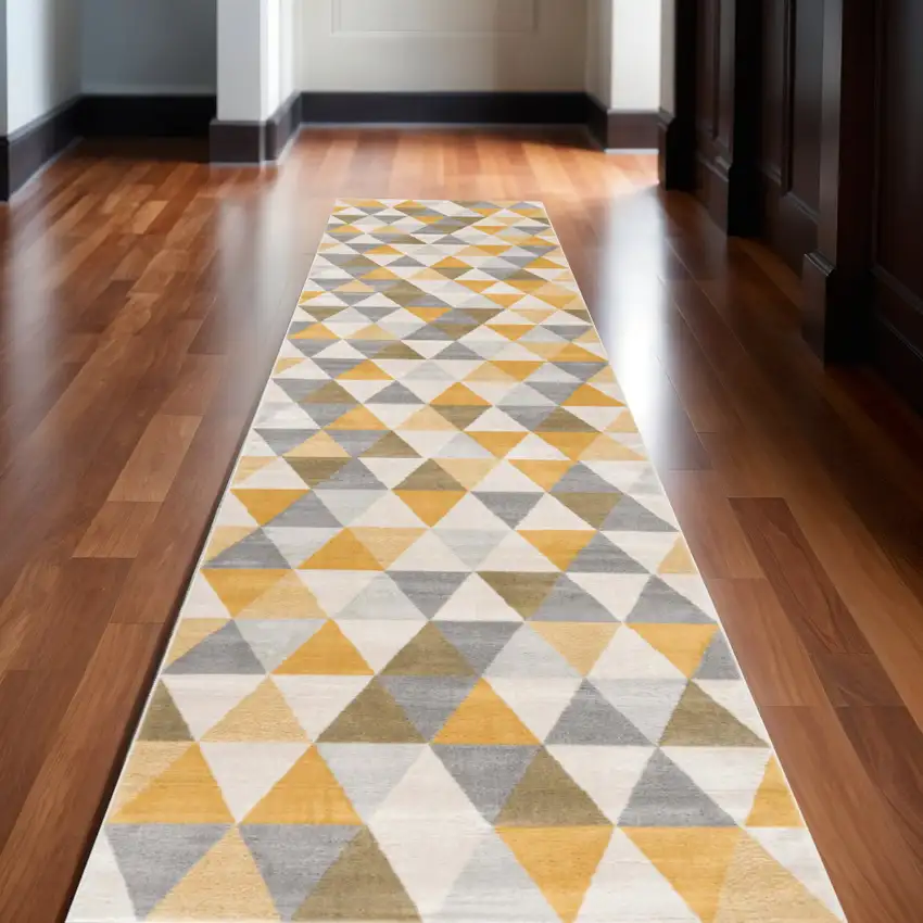 20' Yellow And Ivory Geometric Runner Rug Photo 2