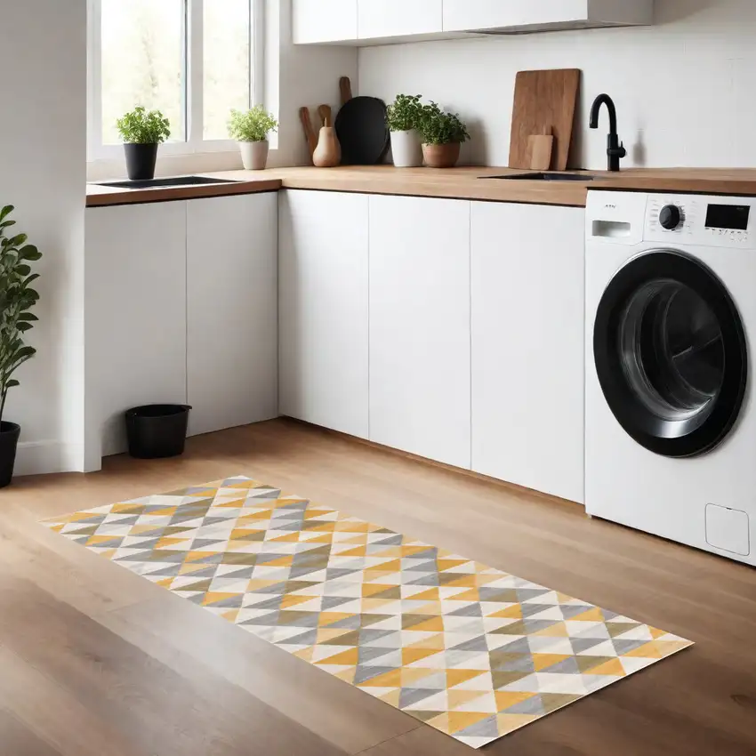 8' Yellow Geometric Dhurrie Runner Rug Photo 1