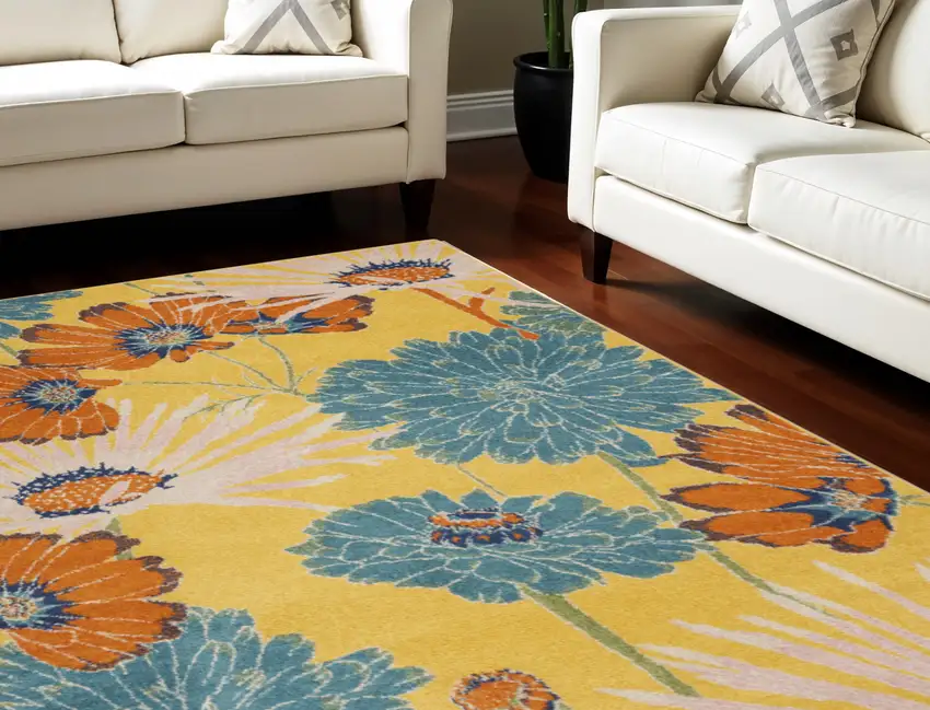 Yellow Tropical Floral Power Loom Area Rug Photo 1