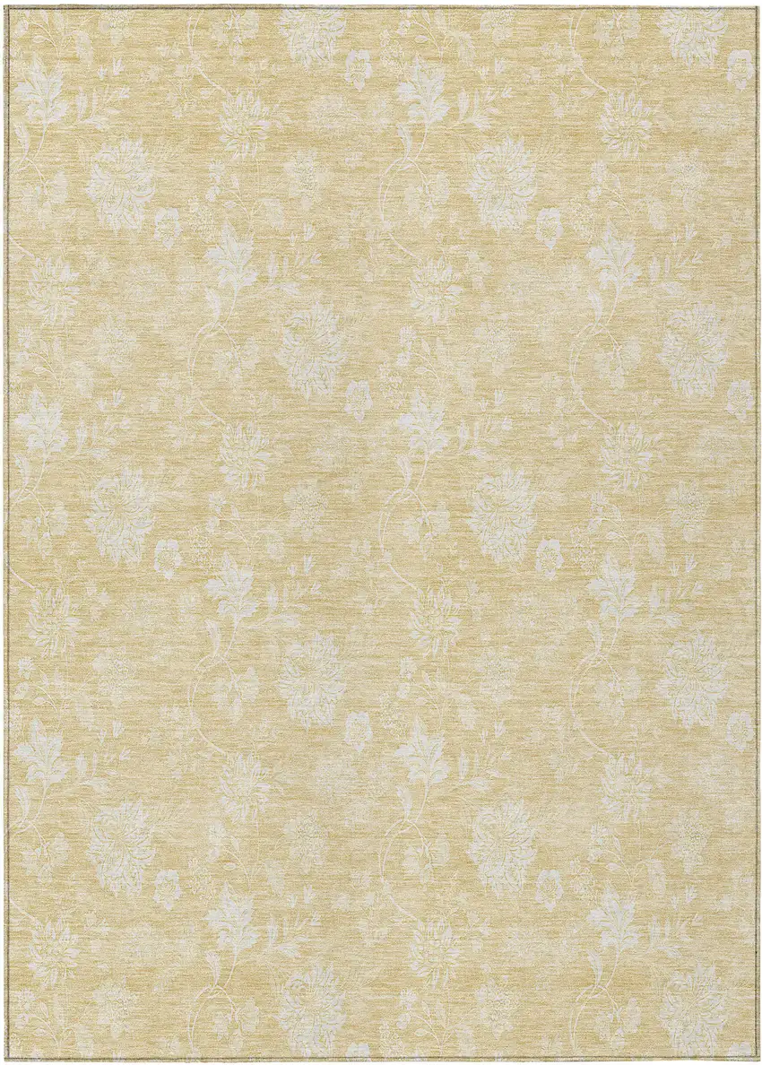 Yellow Wheat And Ivory Floral Washable Indoor Outdoor Area Rug Photo 1