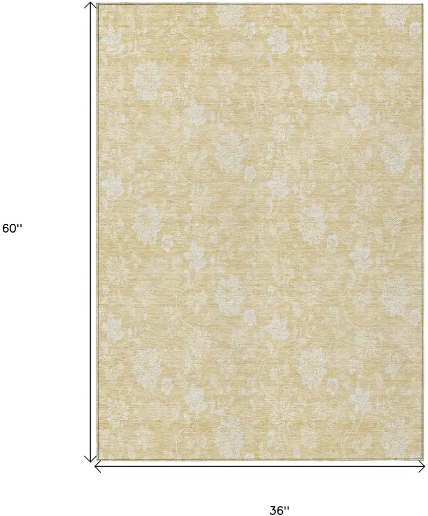 Yellow Wheat And Ivory Floral Washable Indoor Outdoor Area Rug Photo 3