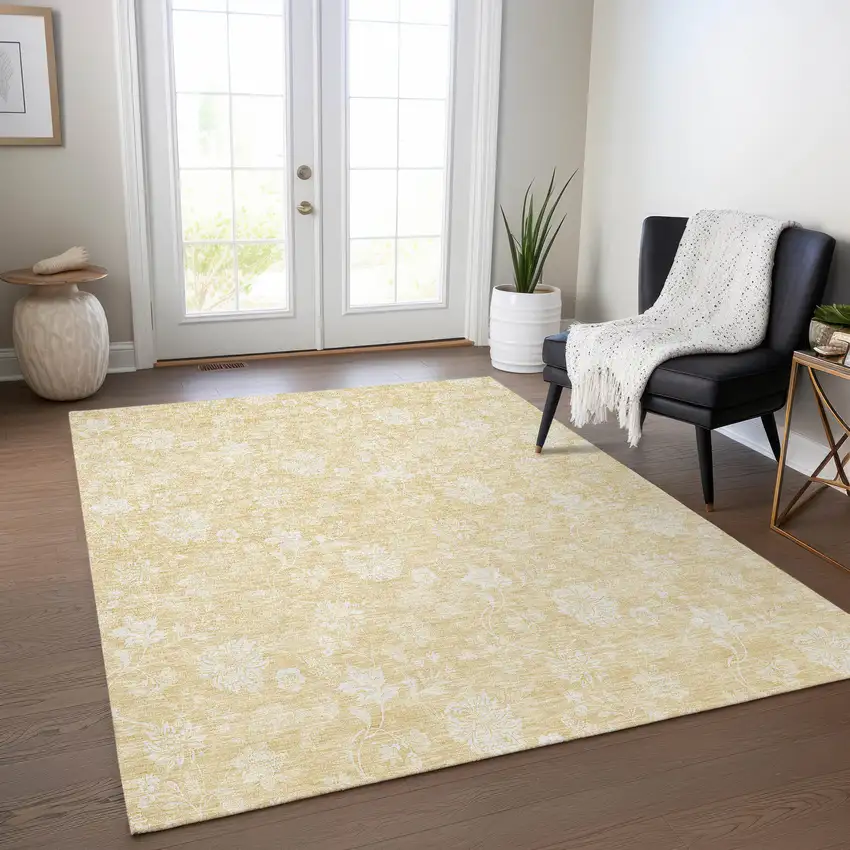Yellow Wheat And Ivory Floral Washable Indoor Outdoor Area Rug Photo 7