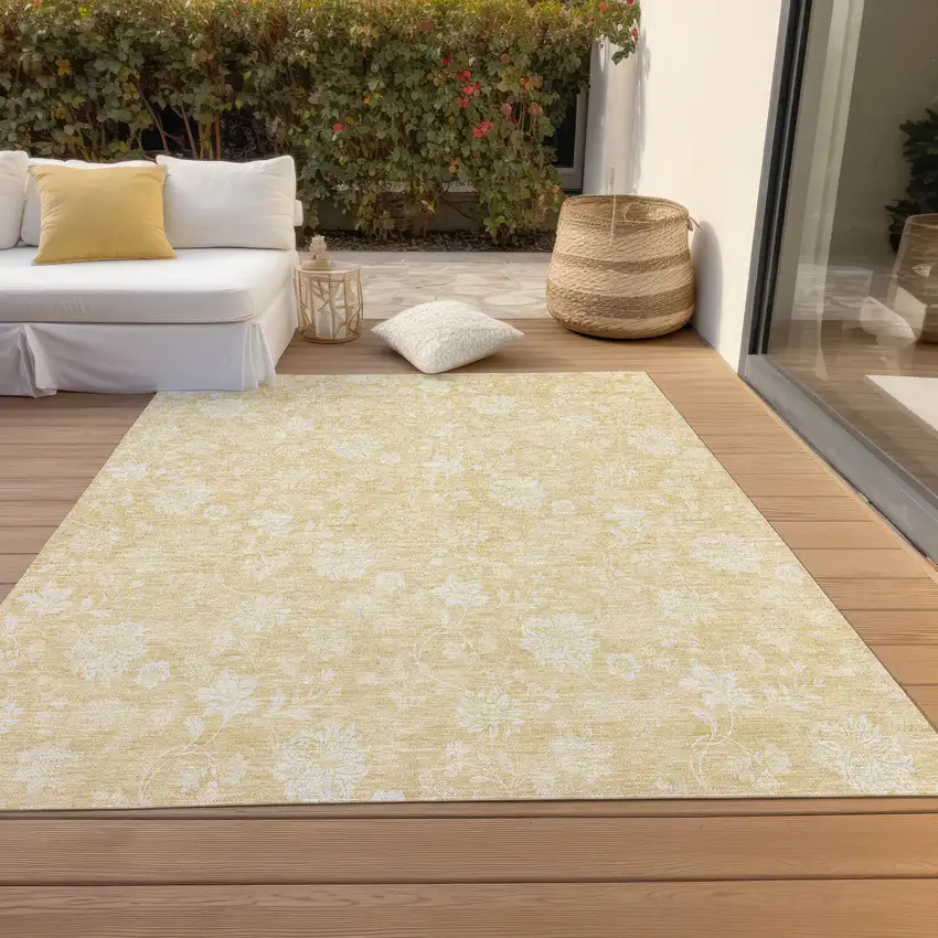 Yellow Wheat And Ivory Floral Washable Indoor Outdoor Area Rug Photo 8