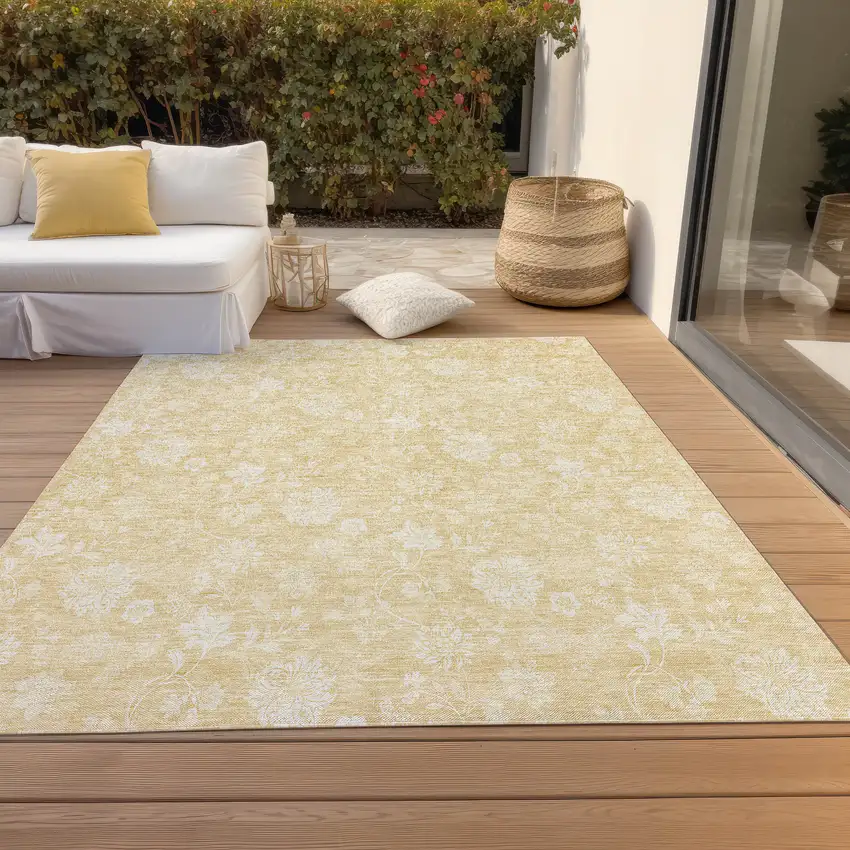 Yellow Wheat And Ivory Floral Washable Indoor Outdoor Area Rug Photo 8