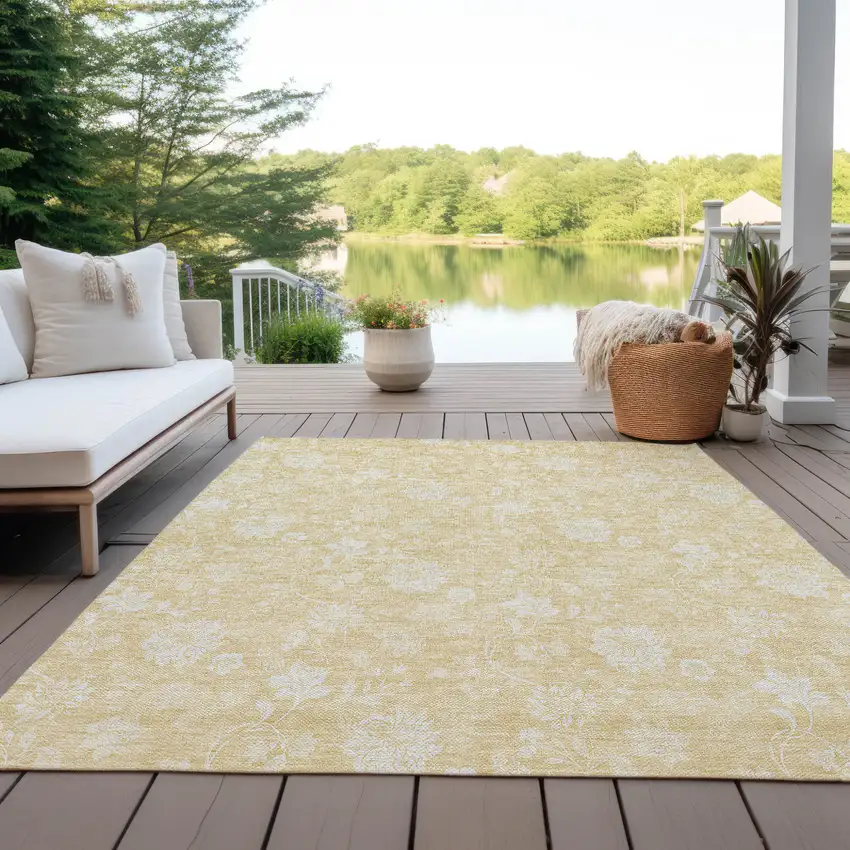Yellow Wheat And Ivory Floral Washable Indoor Outdoor Area Rug Photo 9