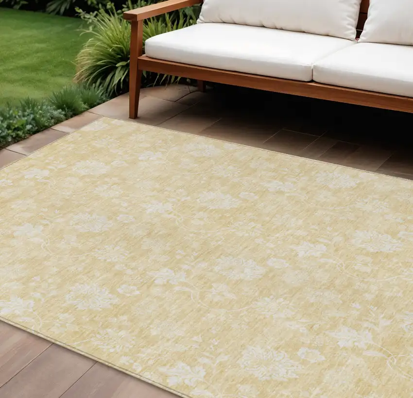 Yellow Wheat And Ivory Floral Washable Indoor Outdoor Area Rug Photo 1
