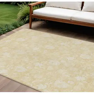 Photo of Yellow Wheat And Ivory Floral Washable Indoor Outdoor Area Rug