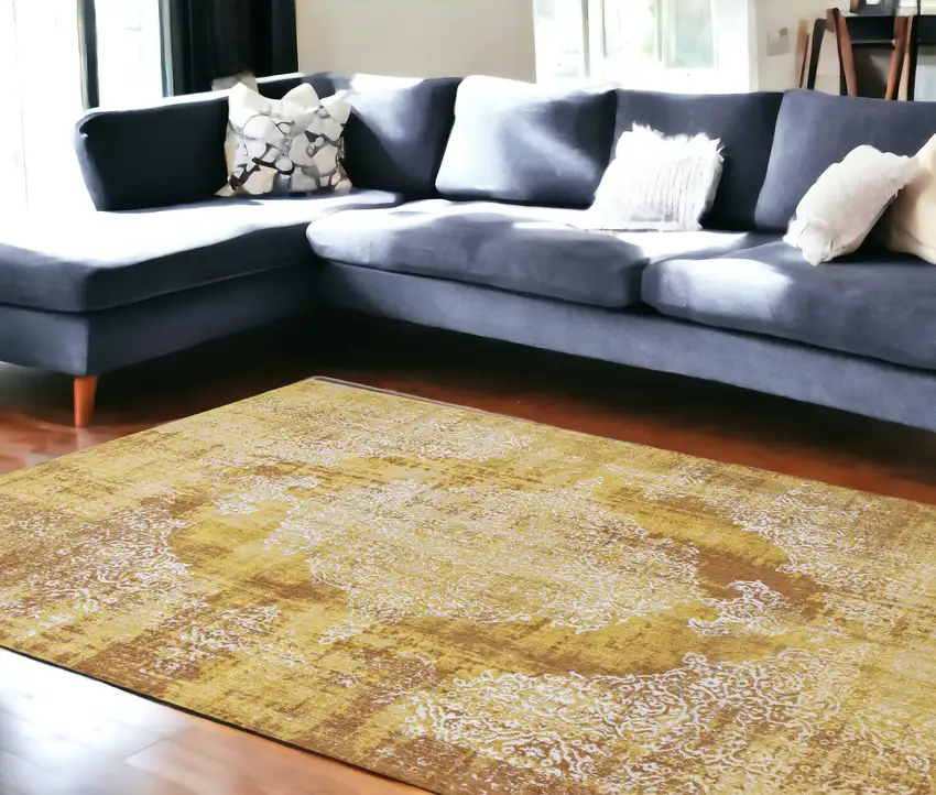 Yellow and Brown Oriental Non Skid Area Rug Photo 1