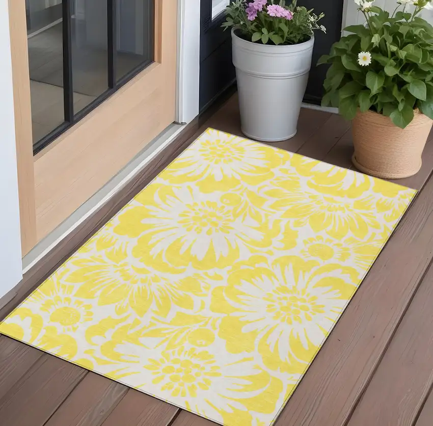 Yellow and Ivory Floral Washable Non Skid Indoor Outdoor Area Rug Photo 1