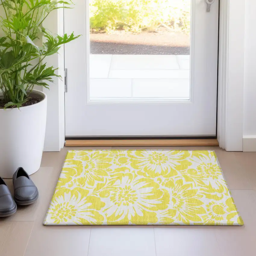 Yellow and Ivory Floral Washable Non Skid Indoor Outdoor Area Rug Photo 9
