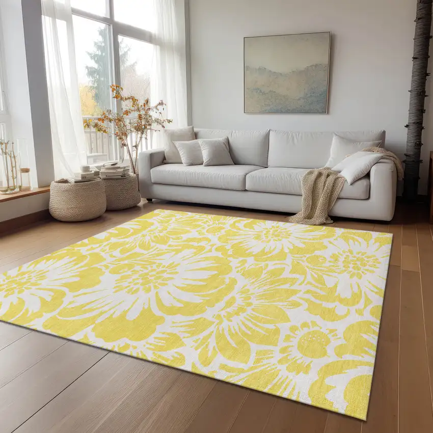 Yellow and Ivory Floral Washable Non Skid Indoor Outdoor Area Rug Photo 9