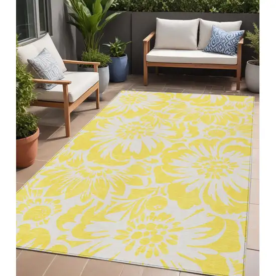 Yellow and Ivory Floral Washable Non Skid Indoor Outdoor Area Rug Photo 1