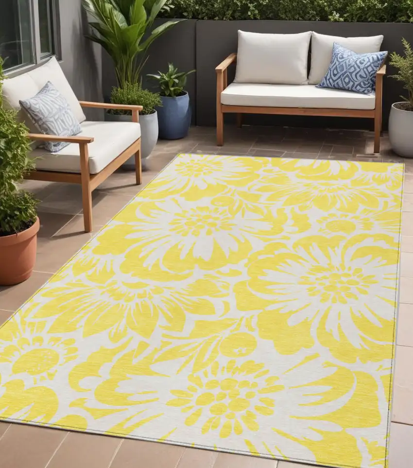 Yellow and Ivory Floral Washable Non Skid Indoor Outdoor Area Rug Photo 1