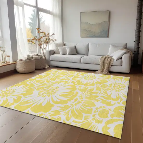 Yellow and Ivory Floral Washable Non Skid Indoor Outdoor Area Rug Photo 9
