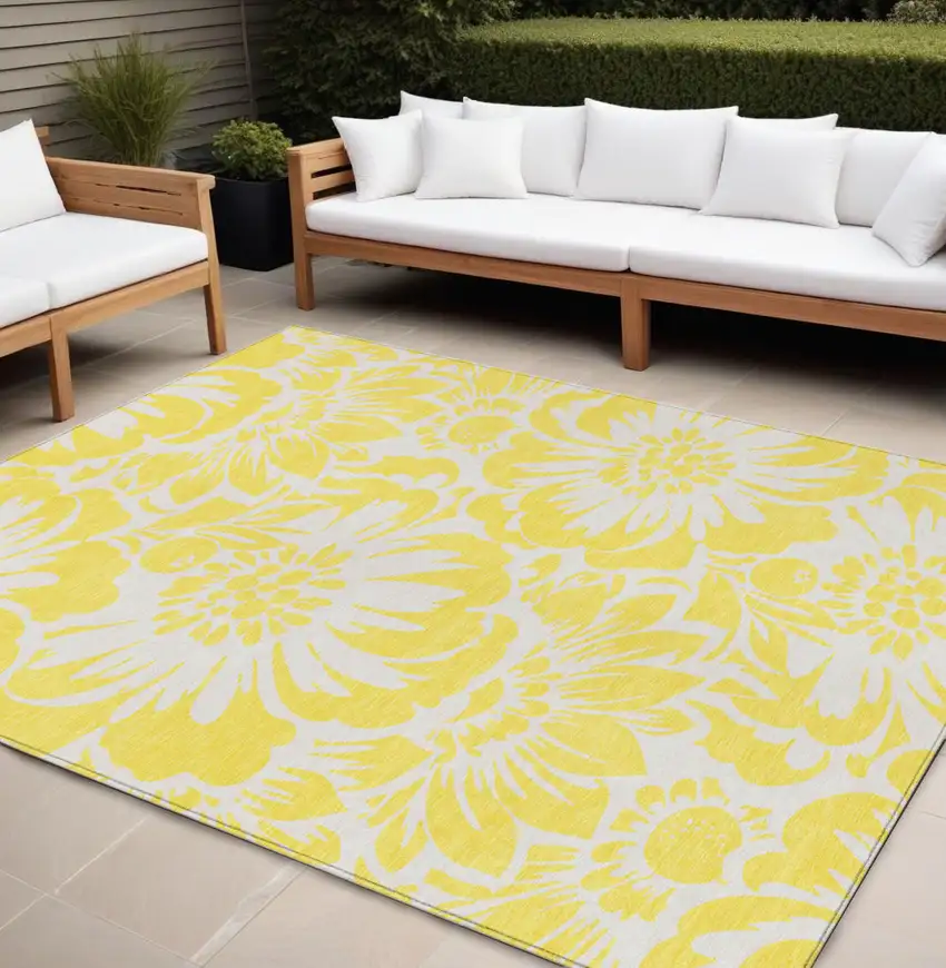 Yellow and Ivory Floral Washable Non Skid Indoor Outdoor Area Rug Photo 1