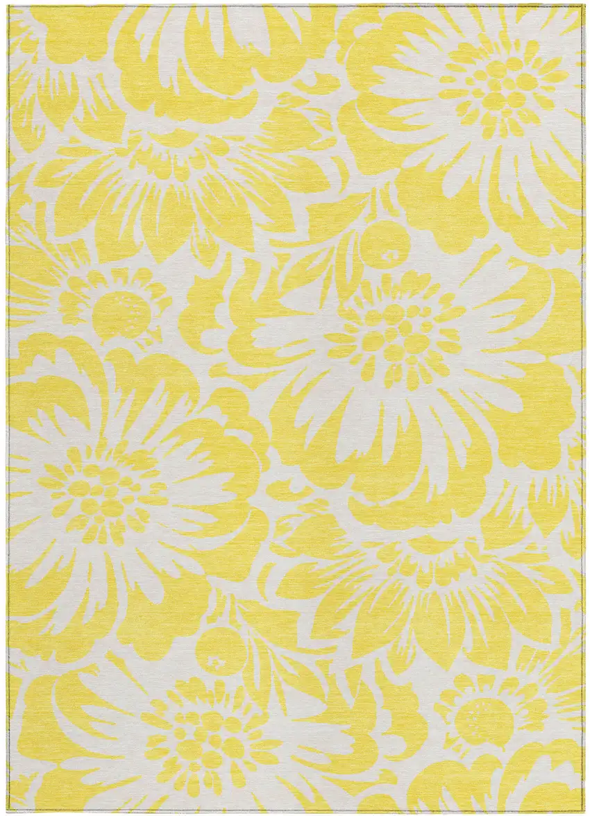 Yellow and Ivory Floral Washable Non Skid Indoor Outdoor Area Rug Photo 3