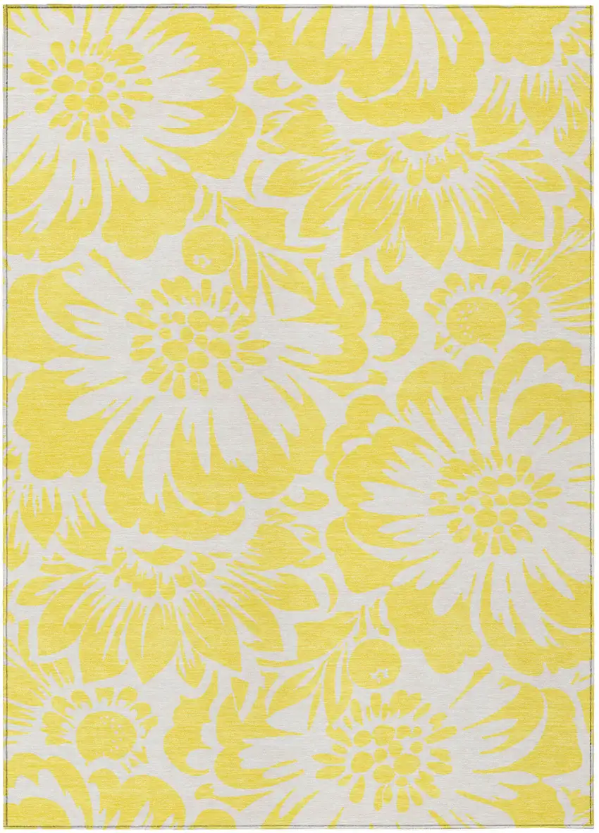 Yellow and Ivory Floral Washable Non Skid Indoor Outdoor Area Rug Photo 2